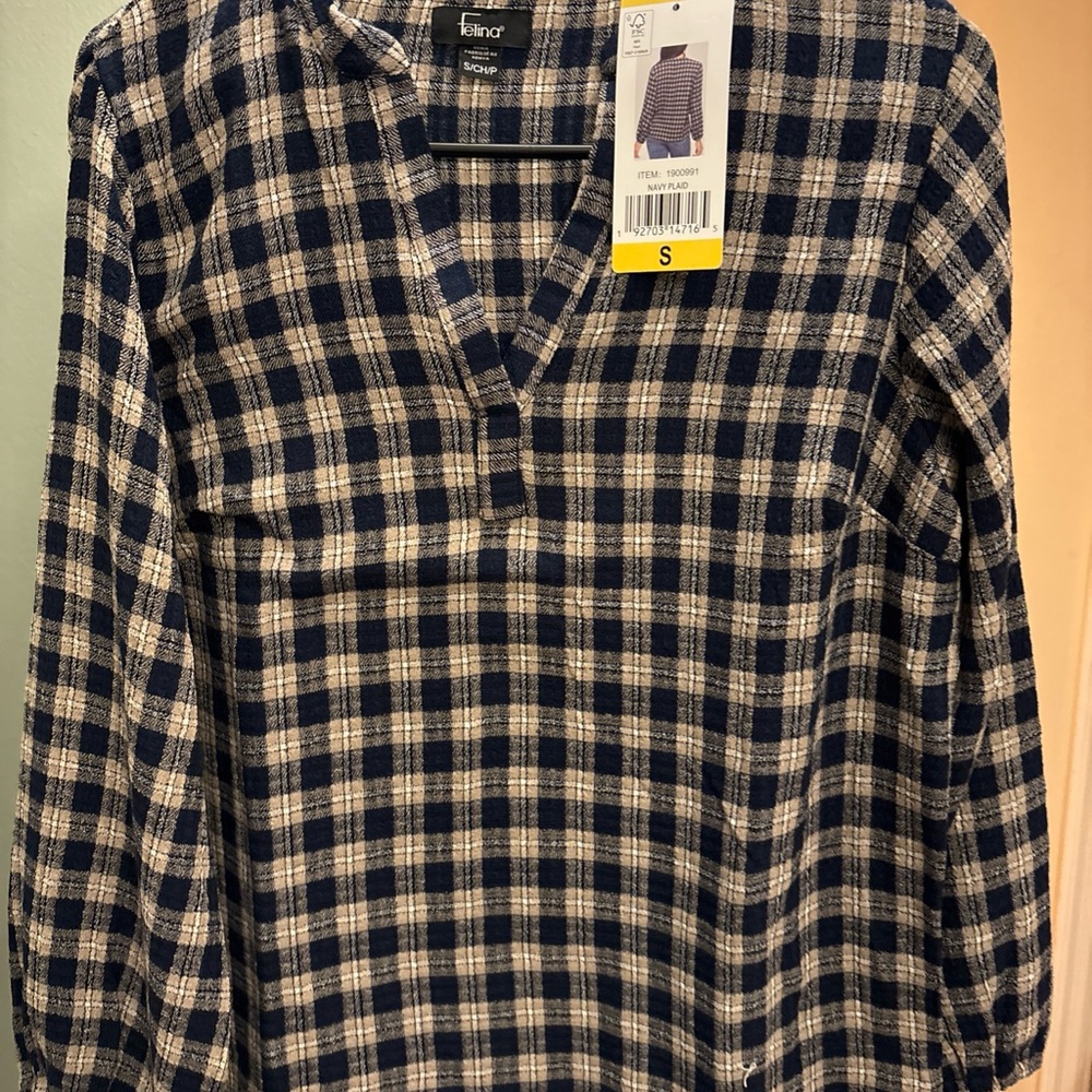 Felina women’s Navy and Cream Checkered Shirt